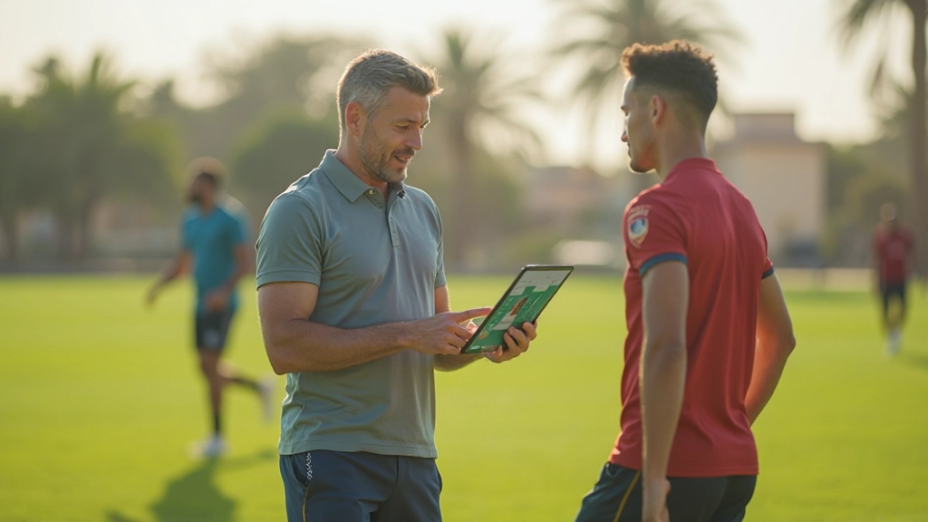 Coach analyzing athlete performance data on tablet during training session with player in background