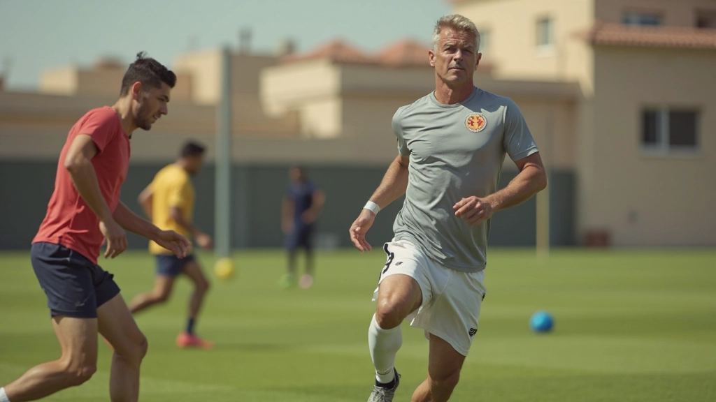 Football coach demonstrating agility cone drill setup with multiple athletes during professional training session