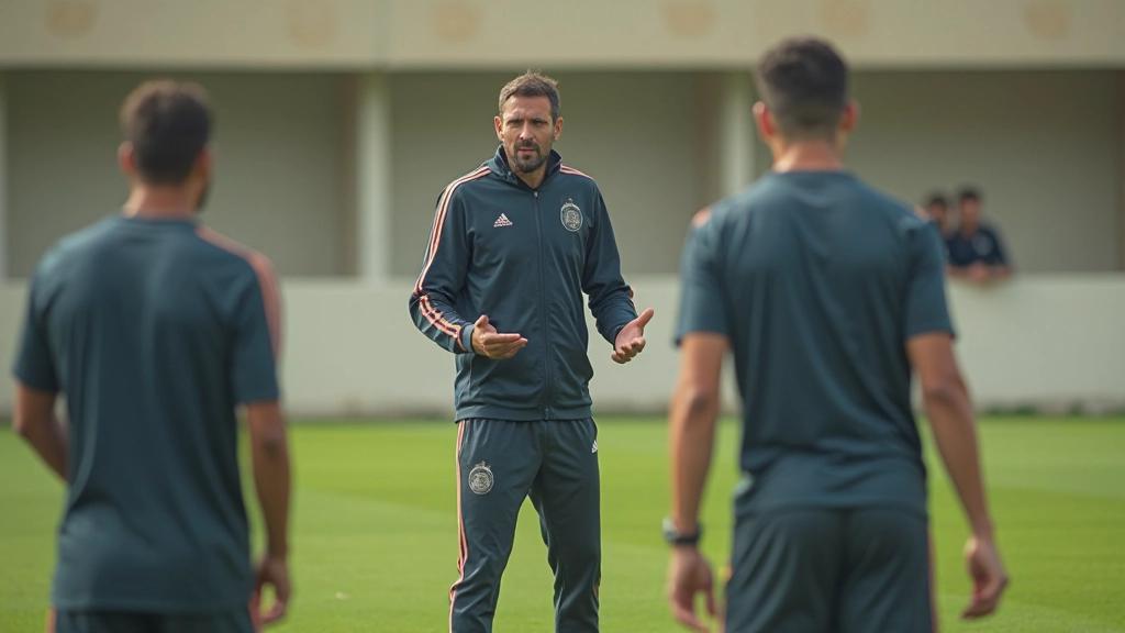 Professional football coach demonstrating tactical training to players on training field