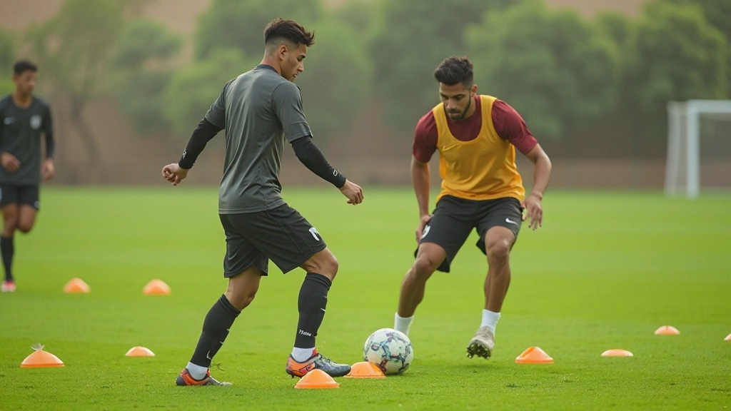 Professional football player performing ball control drill with cone markers on training pitch